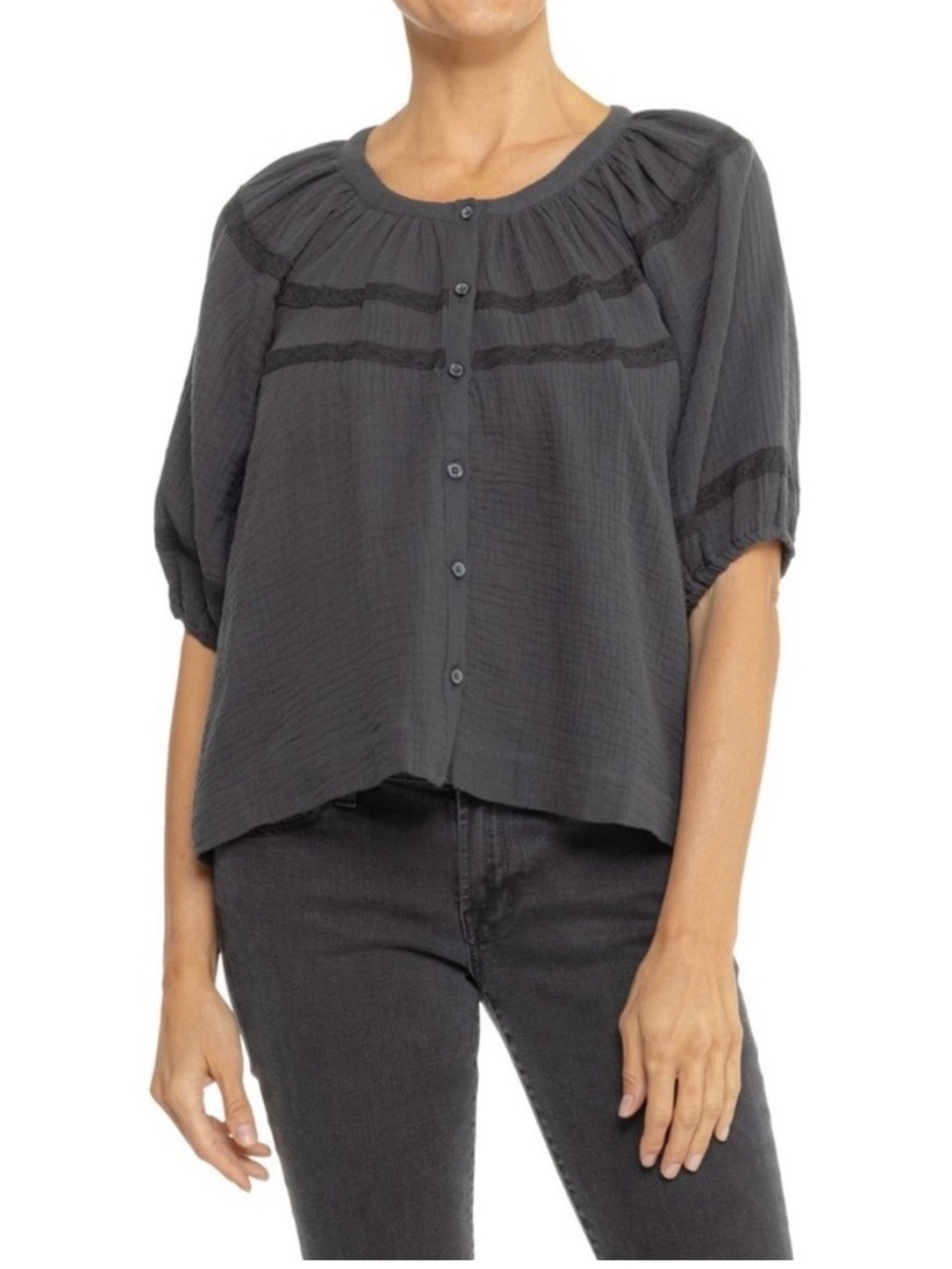Woven Button-Front Peasant Blouse - Charcoal - Wren Puff Sleeve